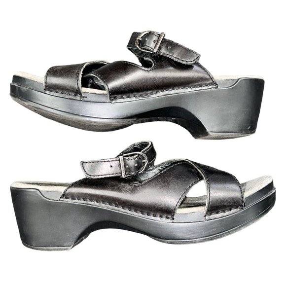 Dansko Sandals Womens 38 Sela Cross Strap Slip On Wedge Slide Black Leather - Picture 6 of 7